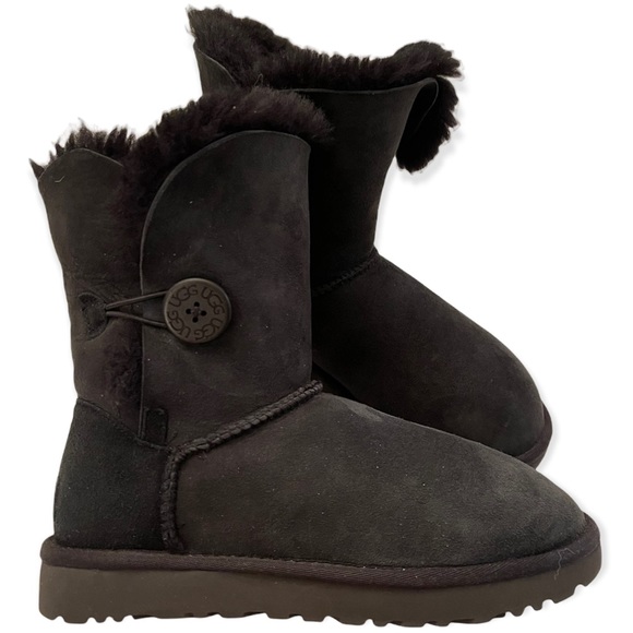 UGG Bailey Button II Boot Sheepskin Black Leather Winter Boot Mini Fluff - Picture 3 of 12